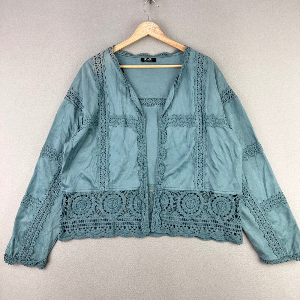 Miss Me Cardigan Womens L‎ Blue Crochet Long Sleeve Boho Western